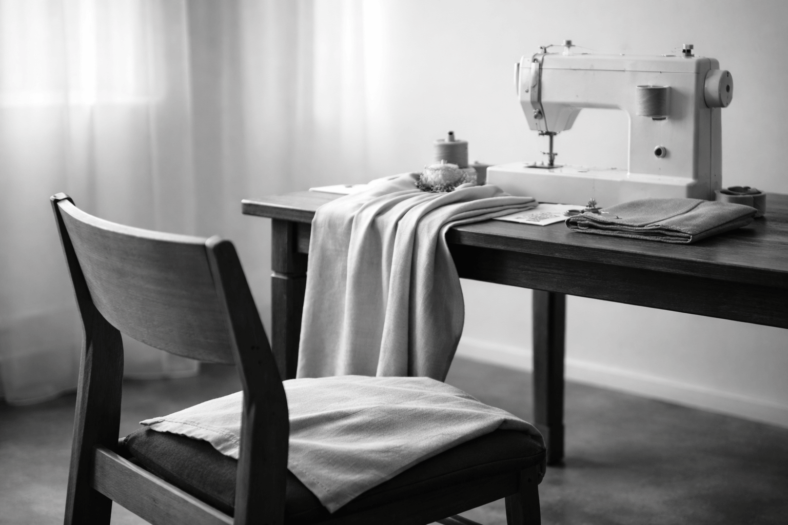 A black and white photo of a sewing machine on a desk with fabric