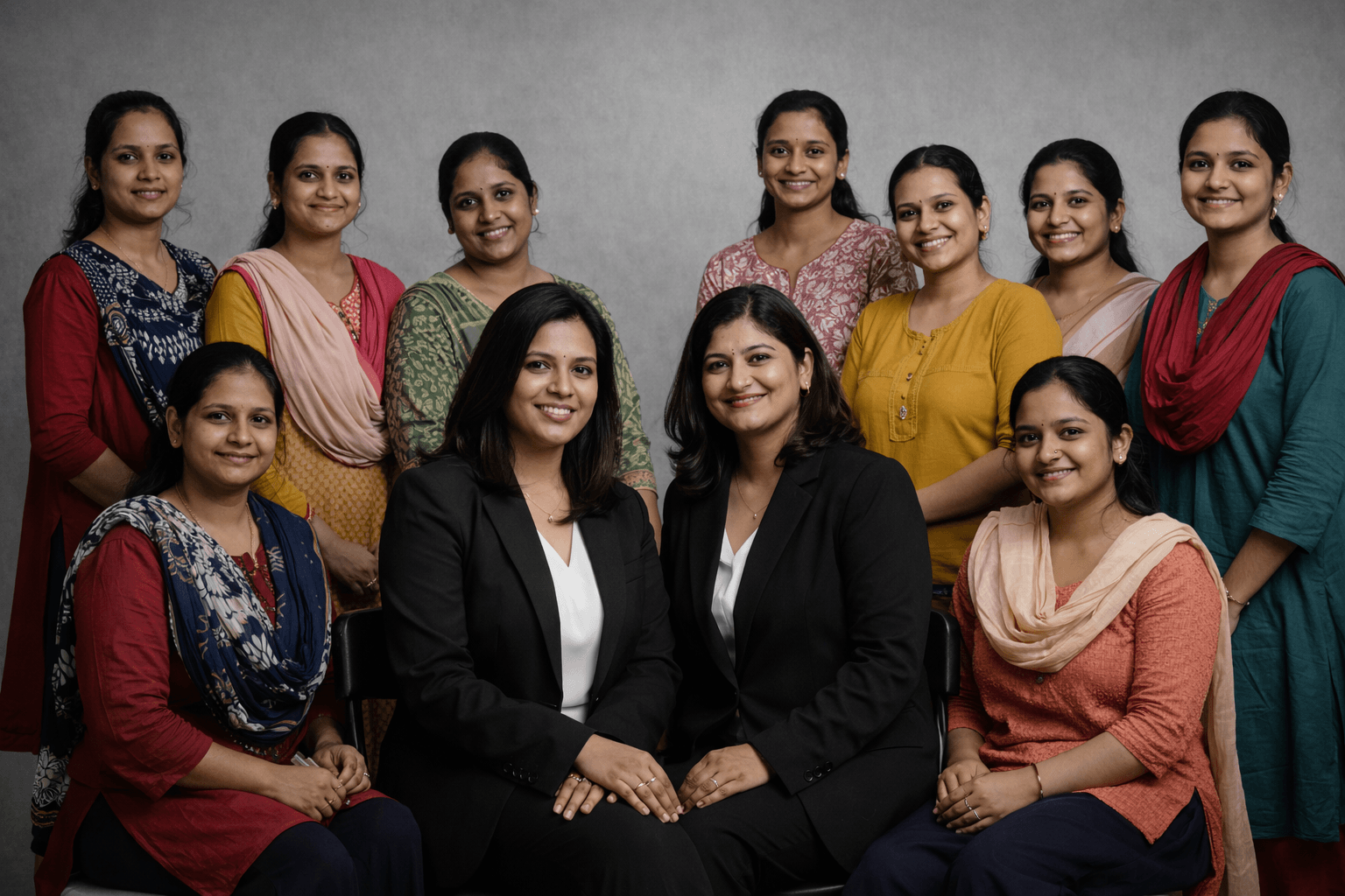 A diverse group of smiling women who make the uniforms